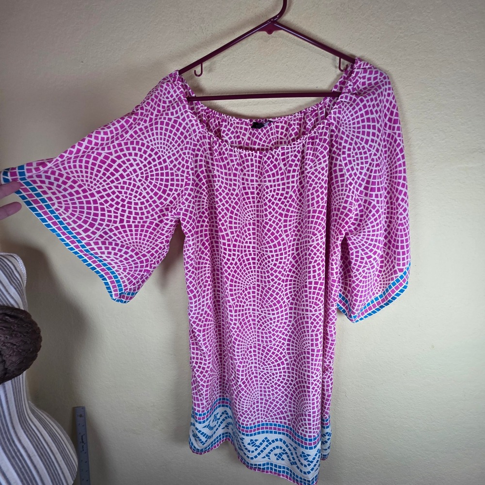 Tolani Silk Tunic Top gypsie festival Pink Blue Geometric Mosaic Kimono Sleeve